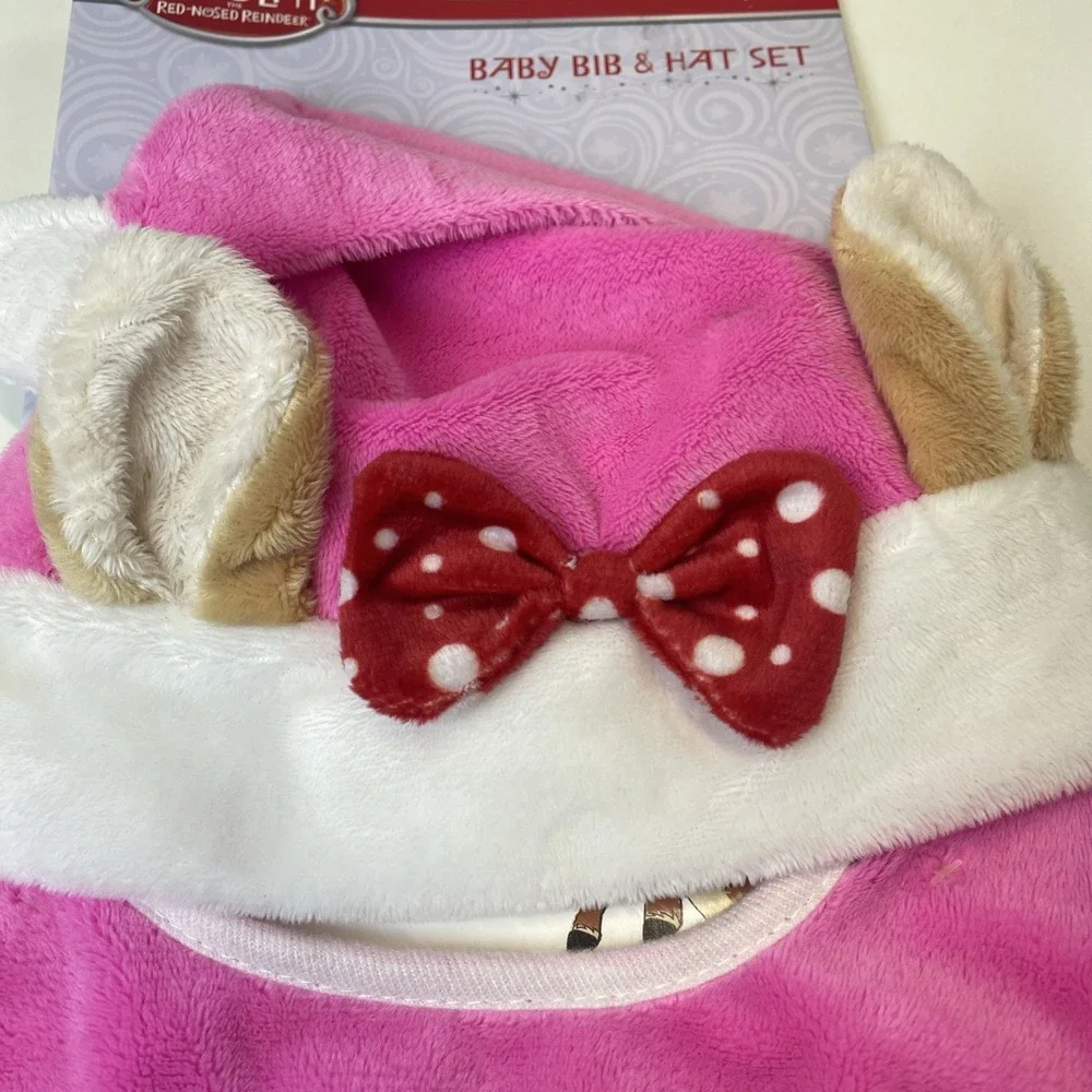 NWTRudolph the Red Nosed Reindeer Clarice Baby Pink First Christmas Hat‎ Bib